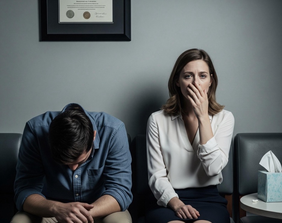 زوج غمگین در اتاق انتظار پزشک