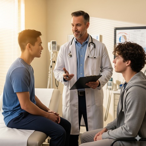 پزشک در حال مشاوره با دو مرد جوان